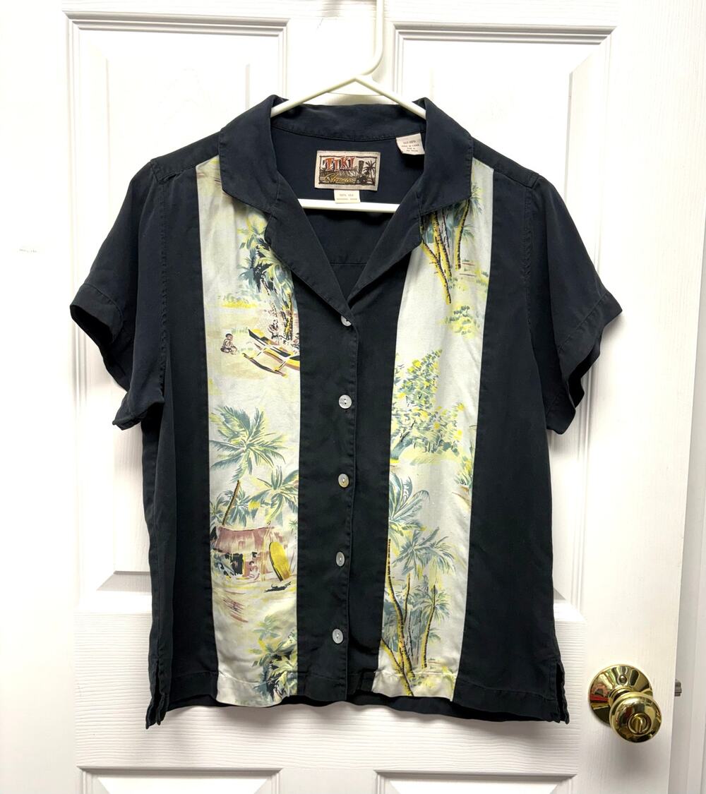 Tiki Classics Shirt 100% Silk Hawaiian Mens M Shell Buttons Vintage 90s